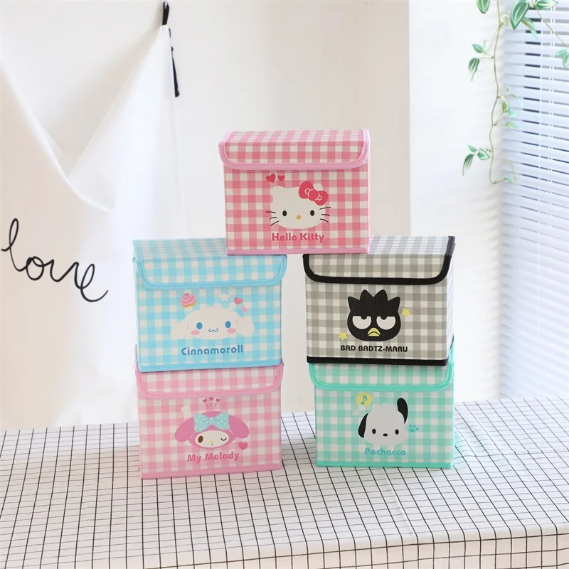 Kawaii My Melody Kuromi Cinnamoroll клетчатая кожаная настольная коробка для хранения с откидной