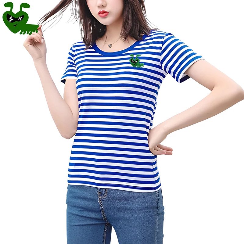 Женская футболка в полоску Break Egg с милыми очками и мультяшной вышивкой хлопковая