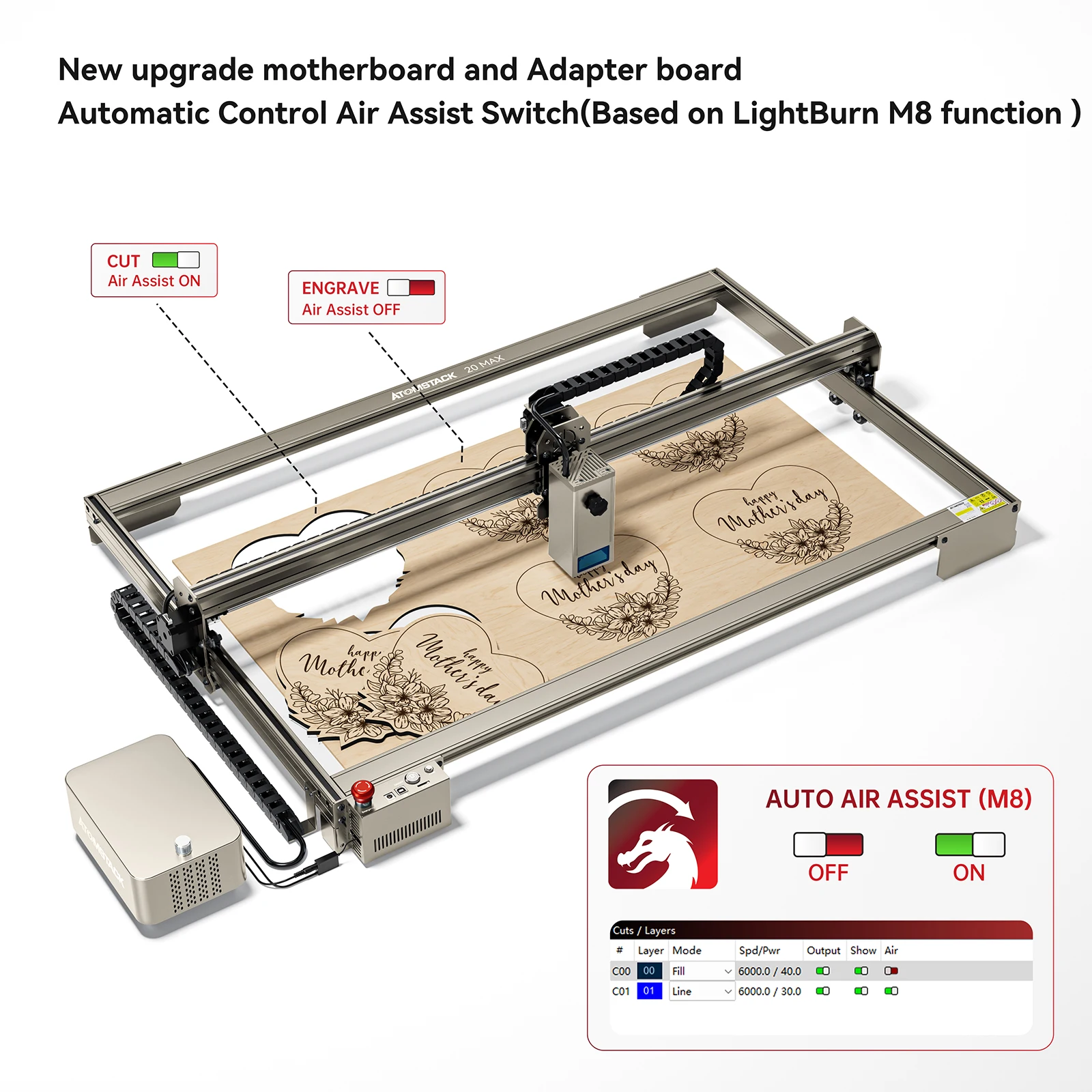 

ATOMSTACK S20 Max 130W Laser Engraving Cutting Machine Dual Air Assist Tank Chain 20W CNC App Offline Metal Engraver 850*400mm