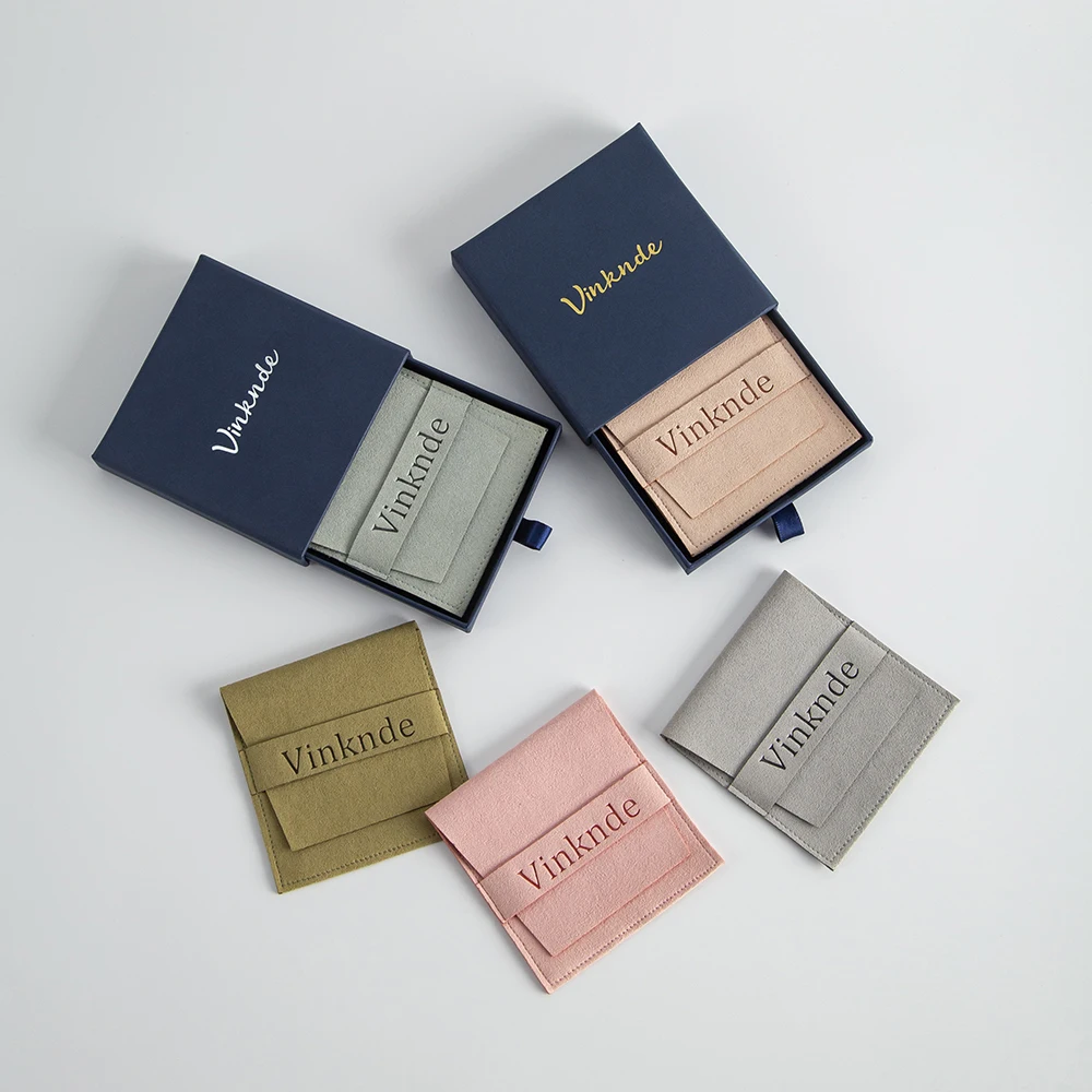 Blue Paper Box Custom Logo Jewelry Packaging Boxes Case Sliding Drawer Necklace Bracelet Organizer Box Gift Suede Bags Pouches