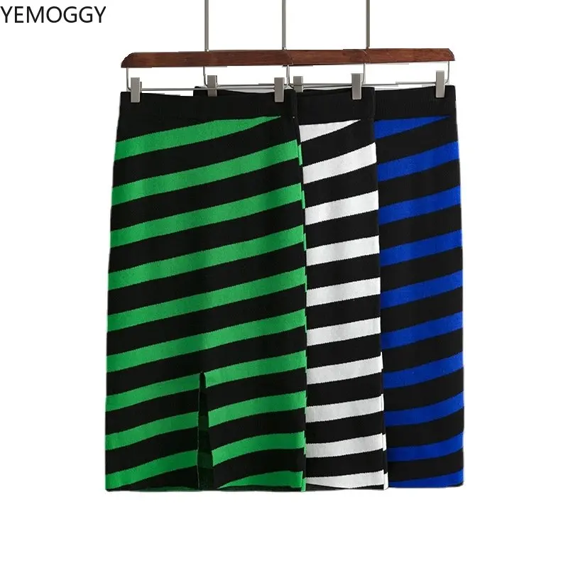 

Women's Diagonal Stripe Knitted Split Skirt for Fall and Winter Korean Fashion Casual Skirts Slim Elastic Hip Wrap Midi Skirts