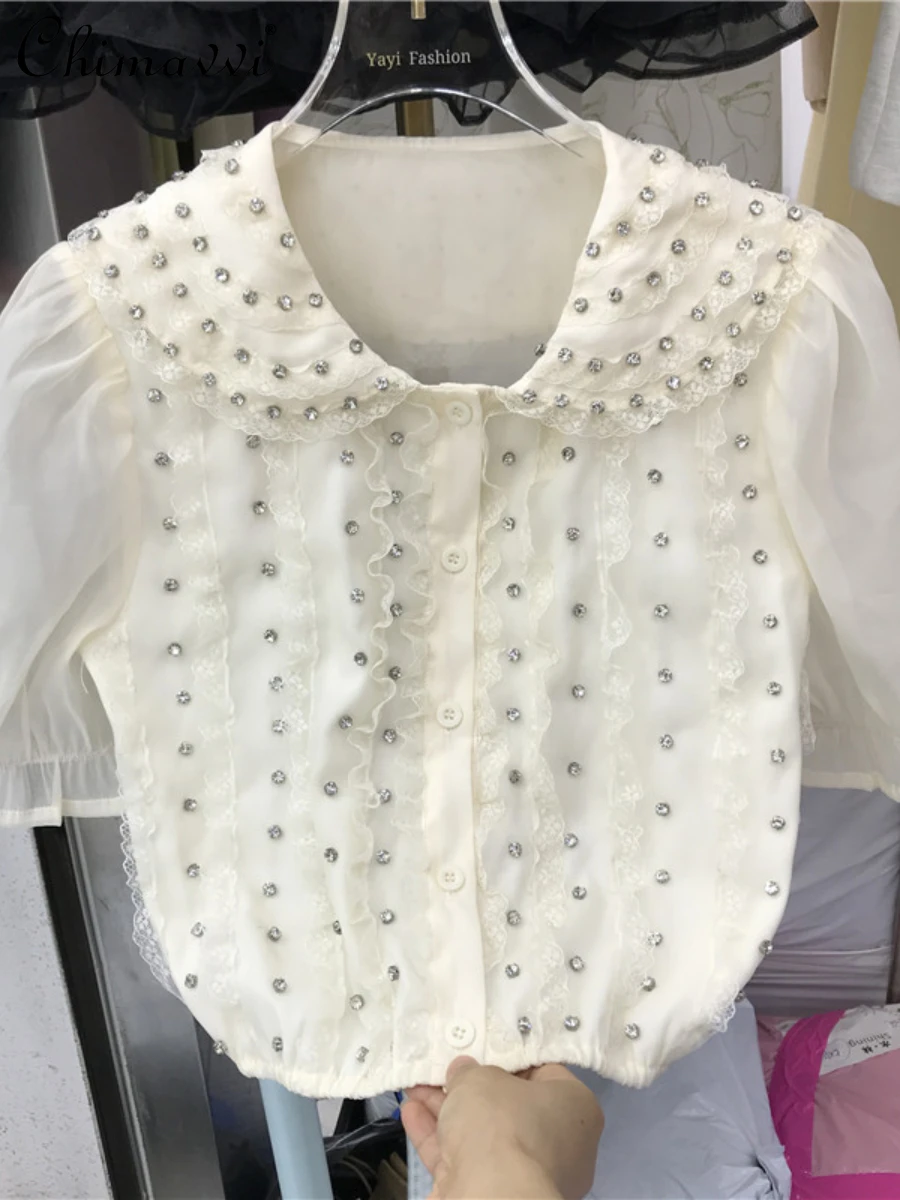 

2022 Summer New Fashion Rhinestone Lace Short Chiffon Shirt for Female Versatile Peter Pan Collar Puff Sleeve Blouse Women's