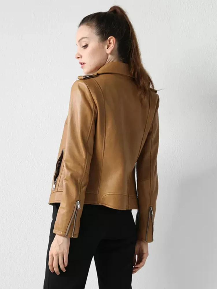 New Women Genuine Leather Jacket Spring Autumn Fashion Casual Turn-down Collar Sheepskin Short Coat Slim Moto Outerwear Female