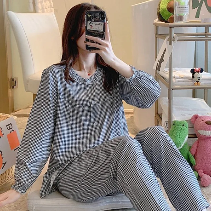 Spring Autumn Long Sleeves Ladies Nightdress Cotton Silk Trousers Women Lounge Pajamas Set