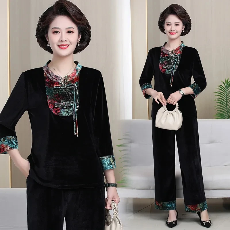 Женский бархатный спортивный костюм-двойка в этническом стиле