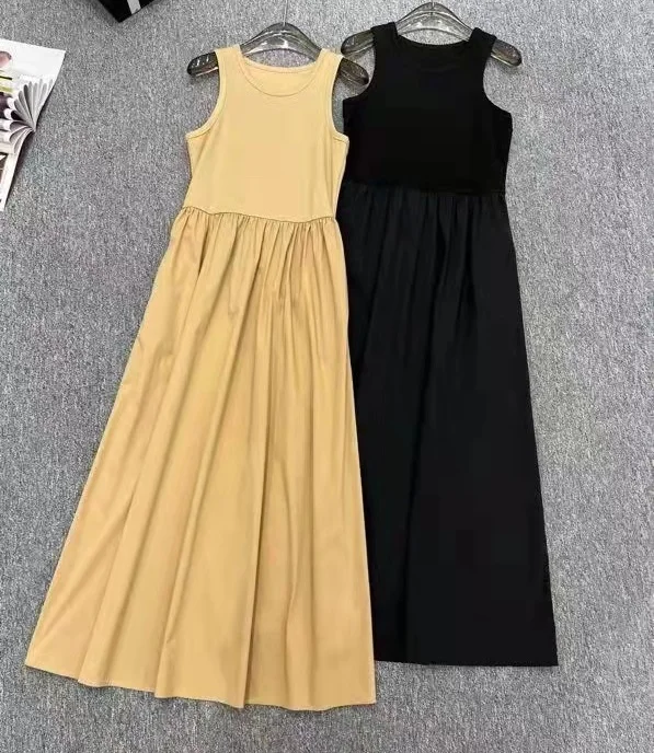 

New 2023 Summer Hot Sale Long Dress High Quality Ladies Cotton Patchwork Sleeveless Casual Long Vest Dress Yellow Black Color