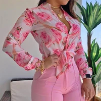 sexy sweet pink floral printed tie knot tops women casual loose spring tshirts female temperament long sleeve v neck tops 2021