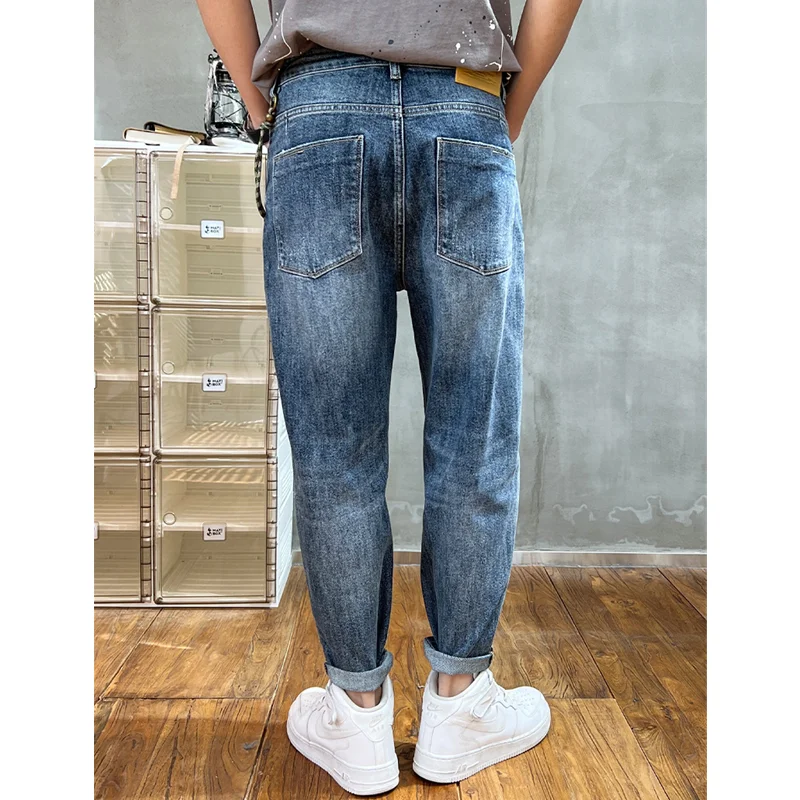Streetwear Men 2022 New Pattern Recreational Blue Haren Pants Chaopai Small Trouser Leg Self-cultivation Jeans Autumn Female