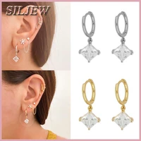 copper minimalist geometric big clear square zirconia ear buckle small hoop earrings for women crystal earrings fashion jewelry