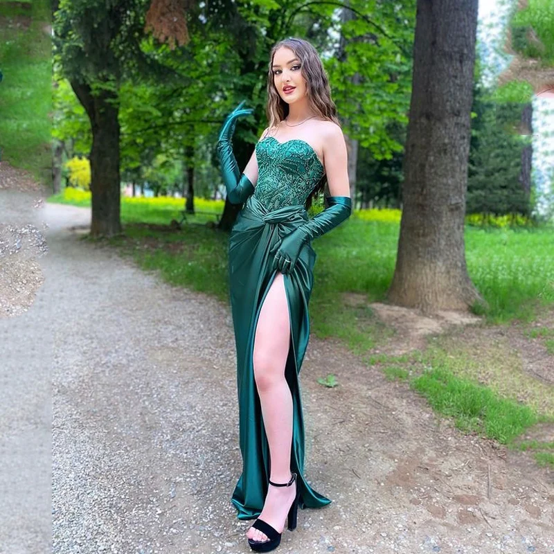 

Sexy Beading Sweetheart Side Split Fishtail Prom Dresses Dark Green Trumpet Evening Dress Mermaid Vestidos De Fiesta