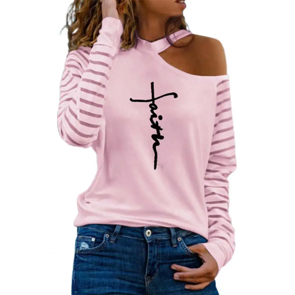 

One Shoulder Fashion Women Blouse Breathable Lightweight Women Top Shirts Striped Letter Printed Lady Blouses