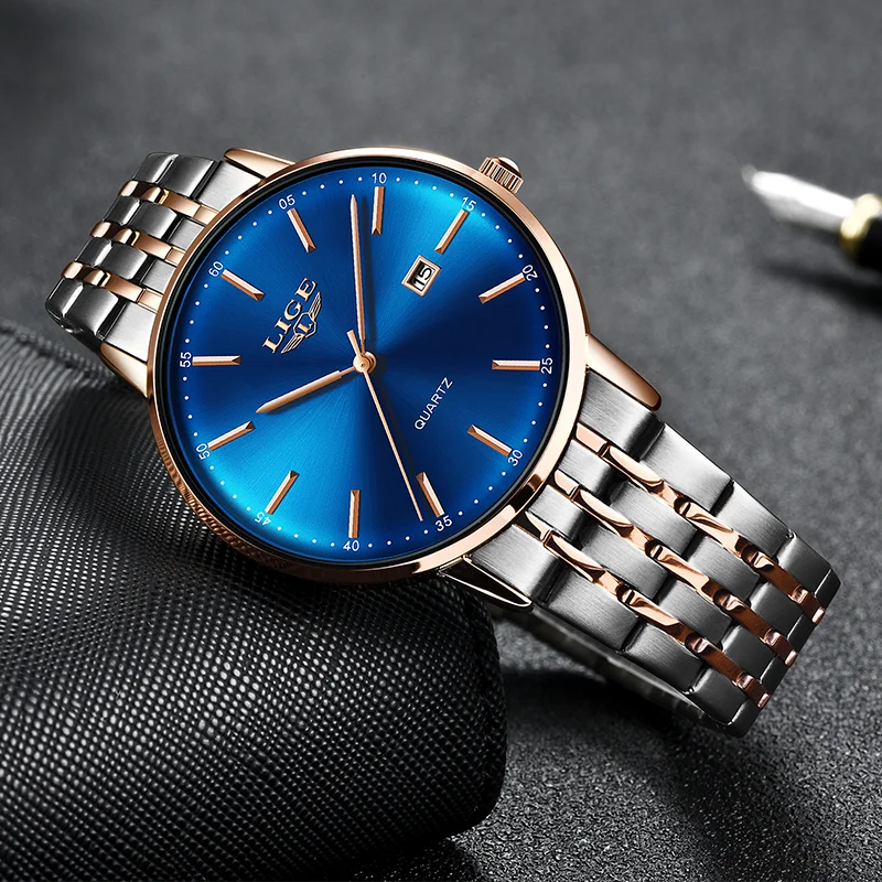 Часы наручные LIGE Мужские кварцевые брендовые Роскошные модные ультратонкие