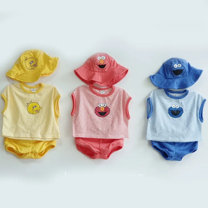 

Children's Clothing Summer Set Baby Stripe Sleeveless T-shirt+Solid Shorts with Hat Casual Three Piece Set 2023