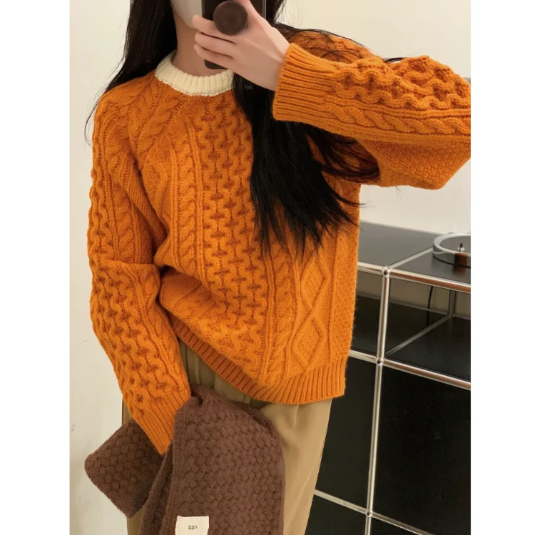 

Korobov Contrast Color Sweet Sweater Women O Collar Twist Knitwears Loose New In Pullovers Korean Fashion Pull Femme Hiver 2022