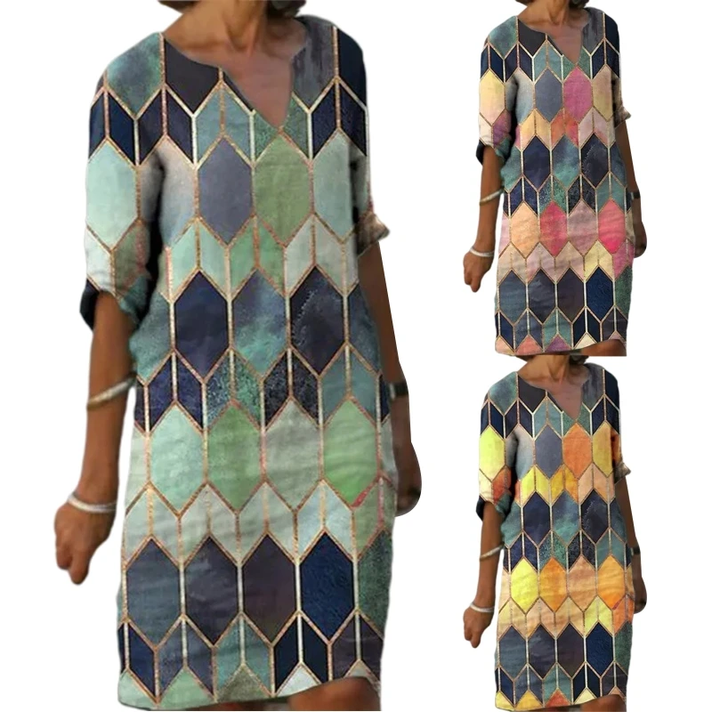 

Women Summer Half Sleeves V-Neck Midi Long Dress Boho Colorful Geometric Hexagon Printed Casual Loose Kaftan Flare Hem Beach
