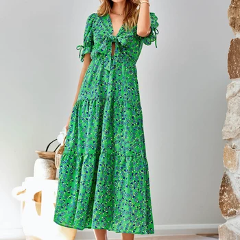 Lace-up Short Sleeve Dresses Floral Print V-Neck Beach Maxi Dress Elegant Fashion European Sweet Summer for Weekend Vacation 1
