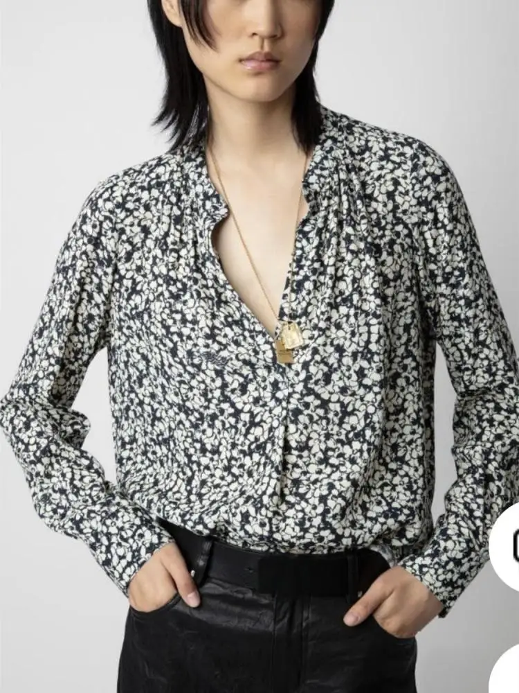 

Women's Letters Floral Printed Retro Shirt V-Neck 2023 Autumn New Female Long Sleeve Asymmetric Hem Loose Blouse Tops