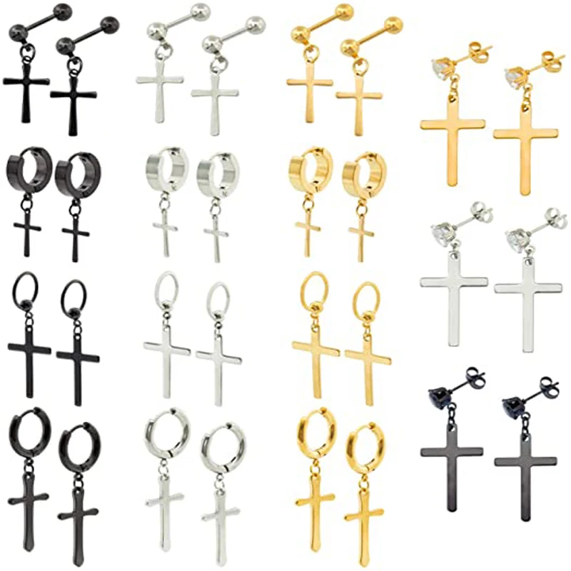 WKOUD 15 Pairs Stainless Steel Cross Earrings Set Round Ring Ball Zircon Hinged Pendant Cross Earrings For Men And Women