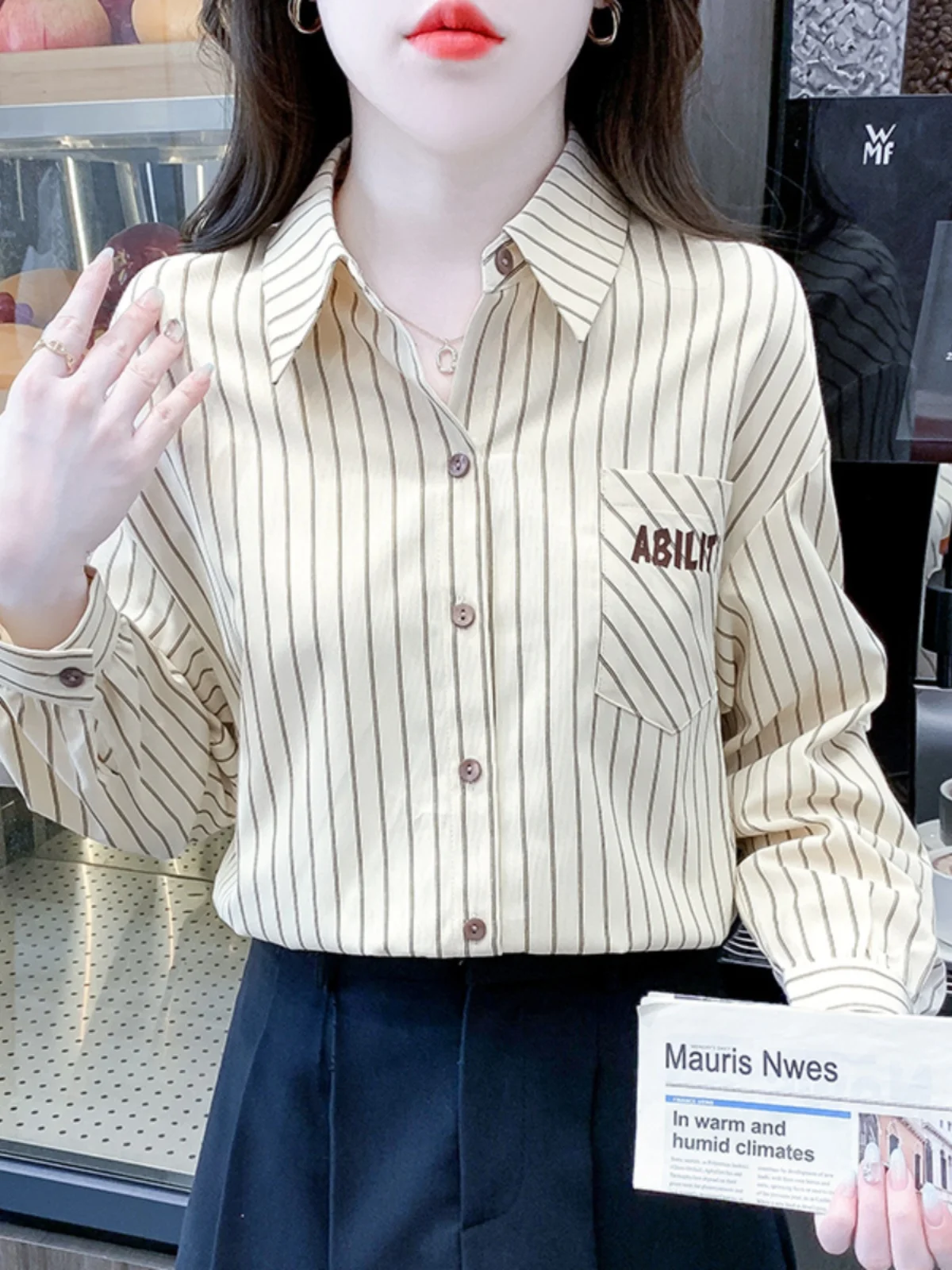 Long sleeve Shirts Women Early Autumn New Fashion Age-Reducing Stripe Embroidered Professional Shirt Versatile Slimming Weste...