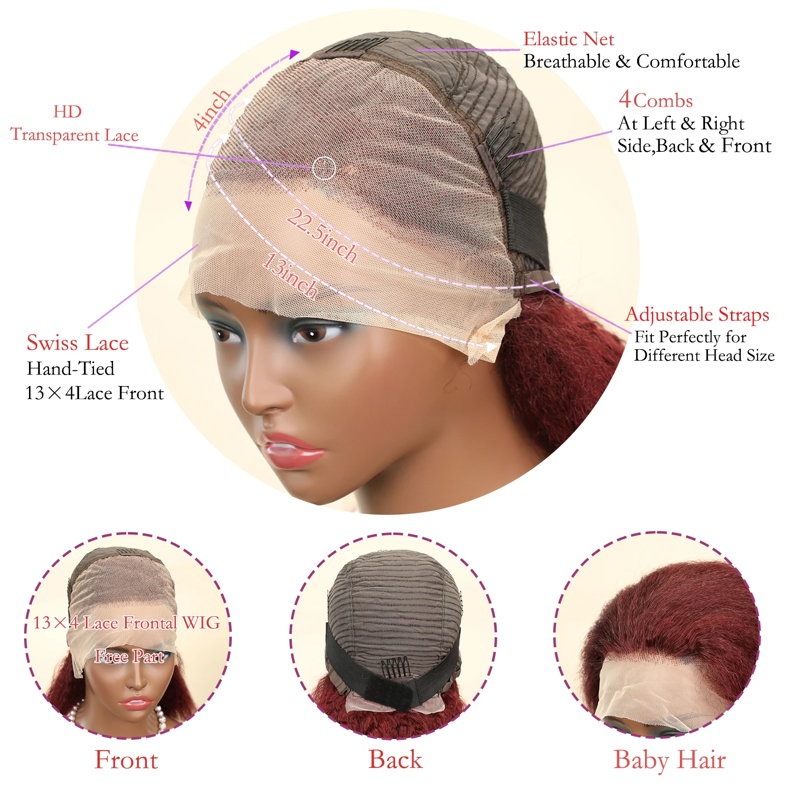 99J Бордовый Кудрявый Прямой Парик Человеческих Волос Remy Bob Парики 13x4 Фронта