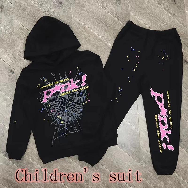 

2023 Black Sp5der Children Sets Boy Girl 1:1 Young Thug Kids Sets Hip Hop Spider Hoodies Pink Printing 555555 Pants Baby Suits