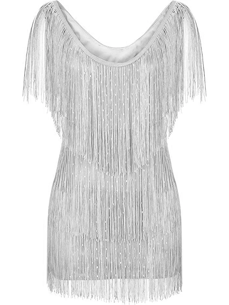 

Sparkling Sequin Mini Dress with Tassel Detailing and Deep V-Neckline - Perfect for Clubbing Parties and Disco Dancing