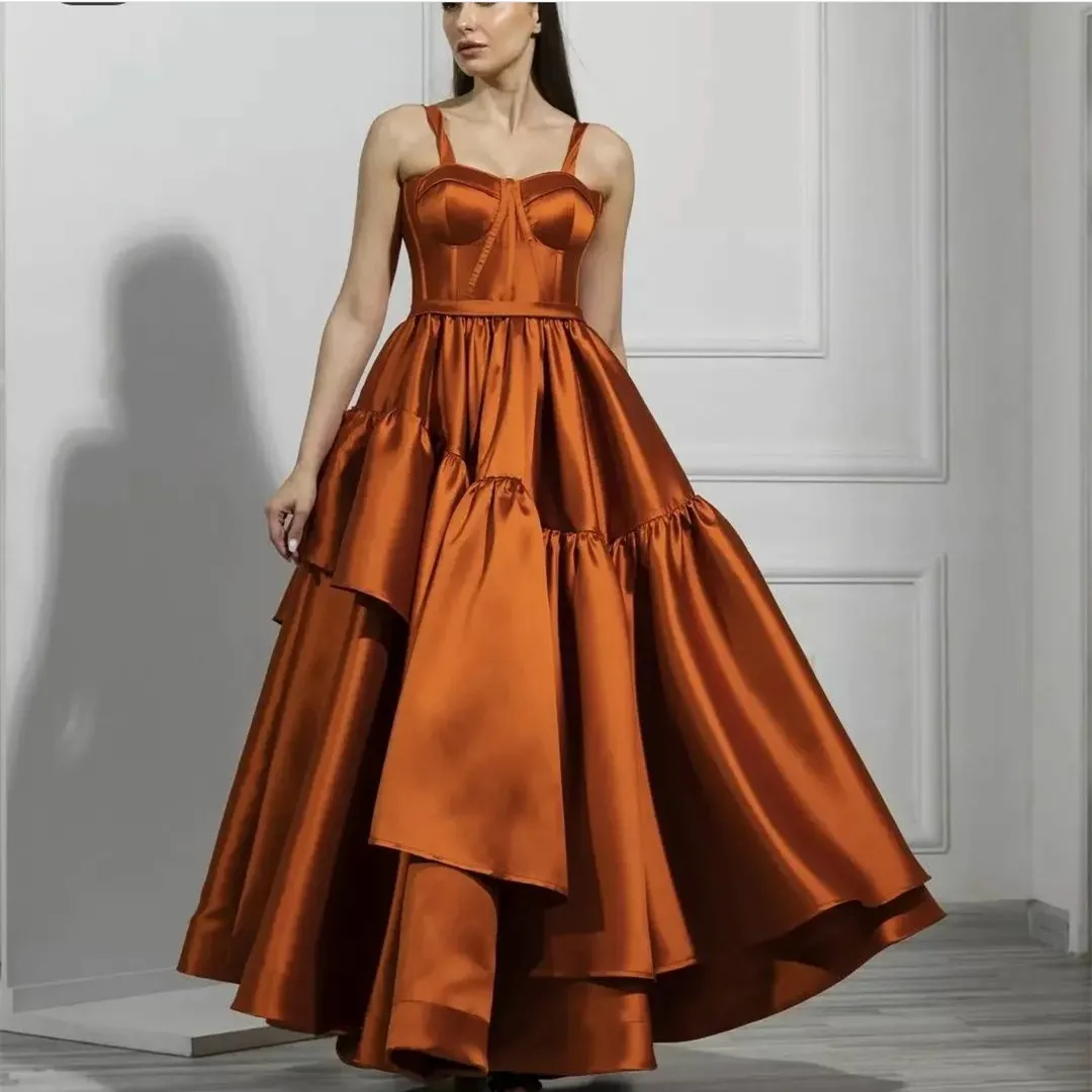 

Элегантное Длинное оранжевое атласное вечернее платье с карманами, а-силуэт, плиссированное платье до пола для выпускного вечера, деловое платье для женщин