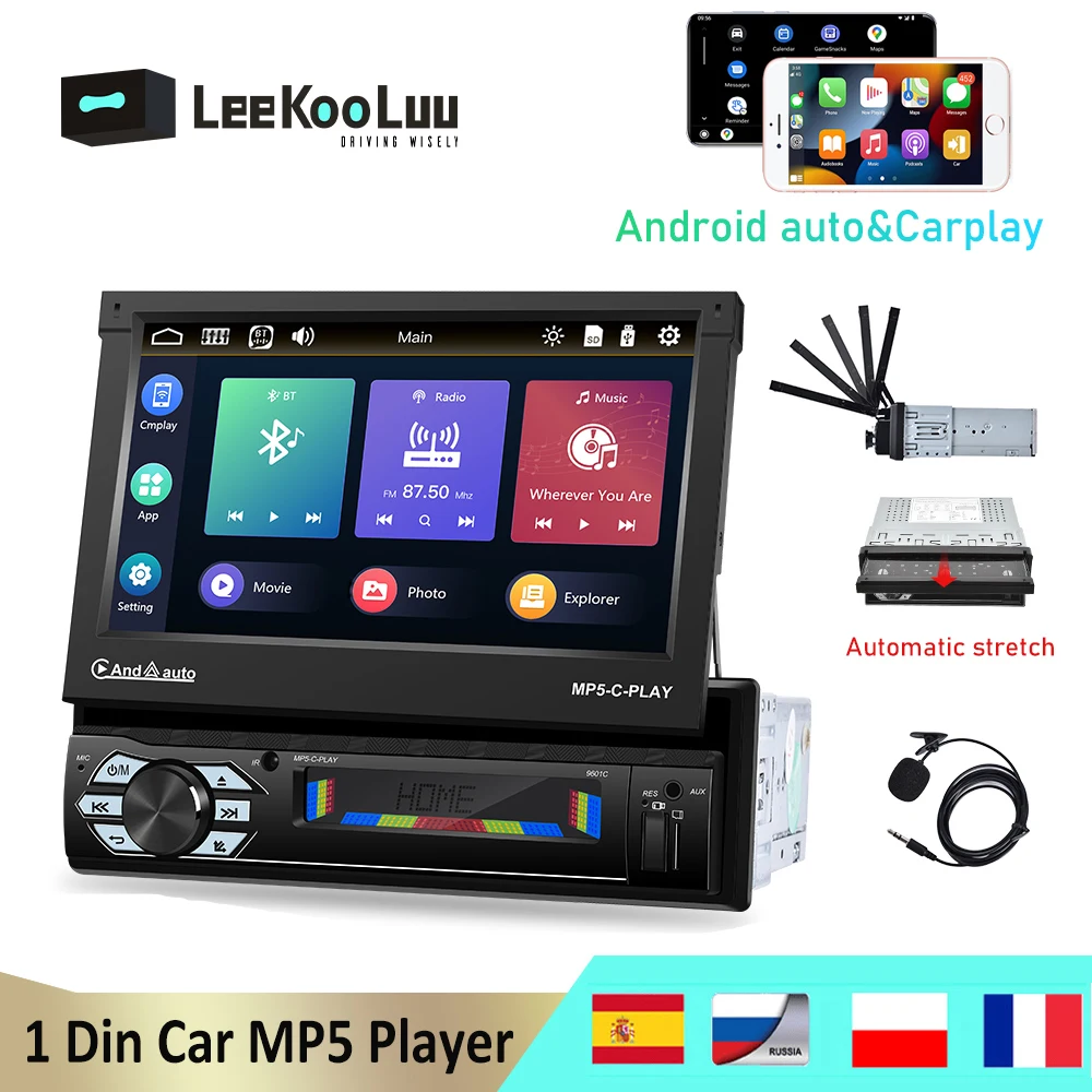 LeeKooLuu 1 Din Auto Radio 7'' Retractabe Auto Flip-out Screen 1Din Stereo Car Multimedia Player with Carplay / Android Auto