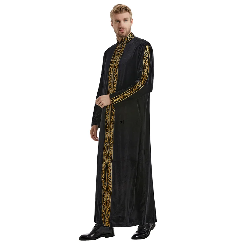 Eid Muslim Islamic Men Jubba Thobe Abaya Dress Velvet Embroidery Kimono Long Robe Saudi Musulman Abaya Caftan Islam Dubai Arab