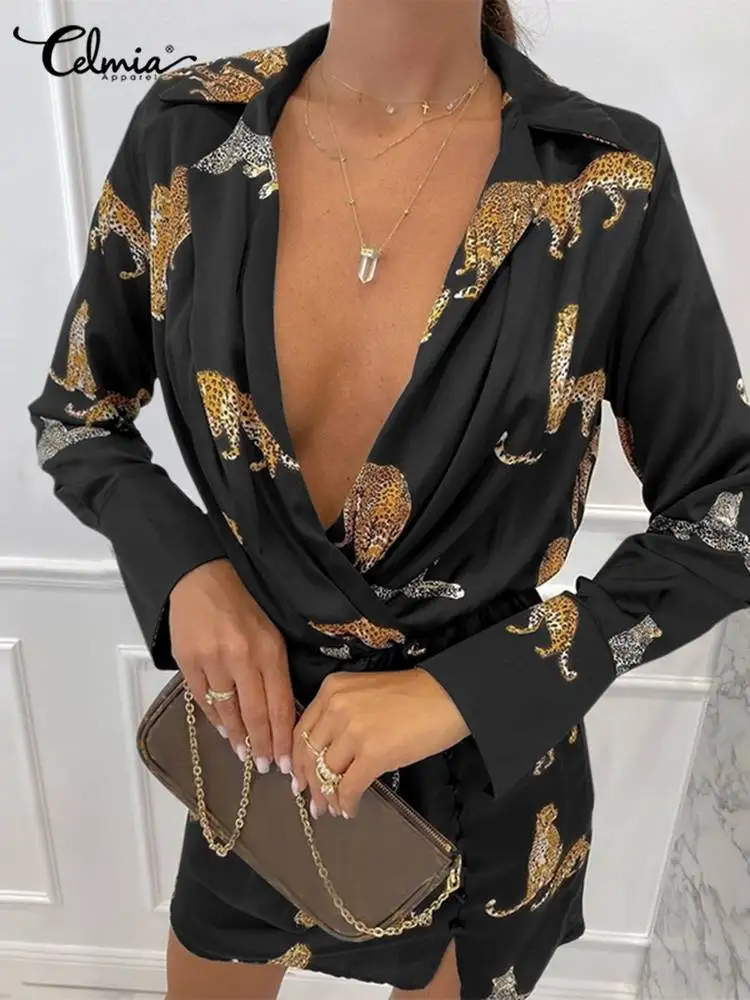 

Женское мини-платье с принтом животных Celmia, модное элегантное платье-рубашка с длинным рукавом и V-образным вырезом, привлекательное коротк...