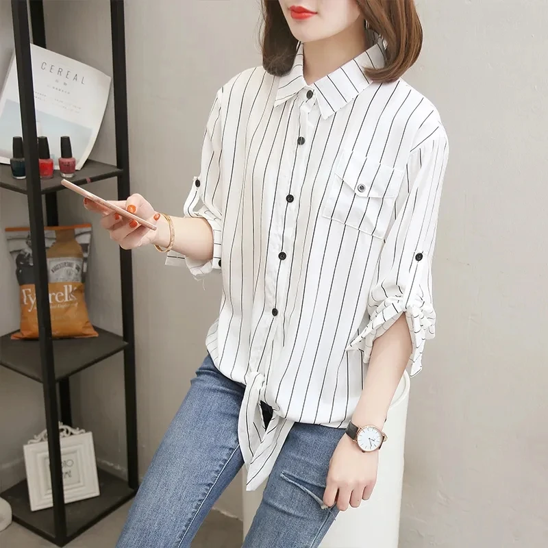 Женская рубашка в горошек с отложным воротником и длинным рукавом |