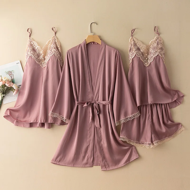 

Lace Pajamas Set Female Rayon Sexy Nightwear With Buttons Robe&Nightgown&Sing&Shorts Suit Summer Nightdress Satin Home Clothes