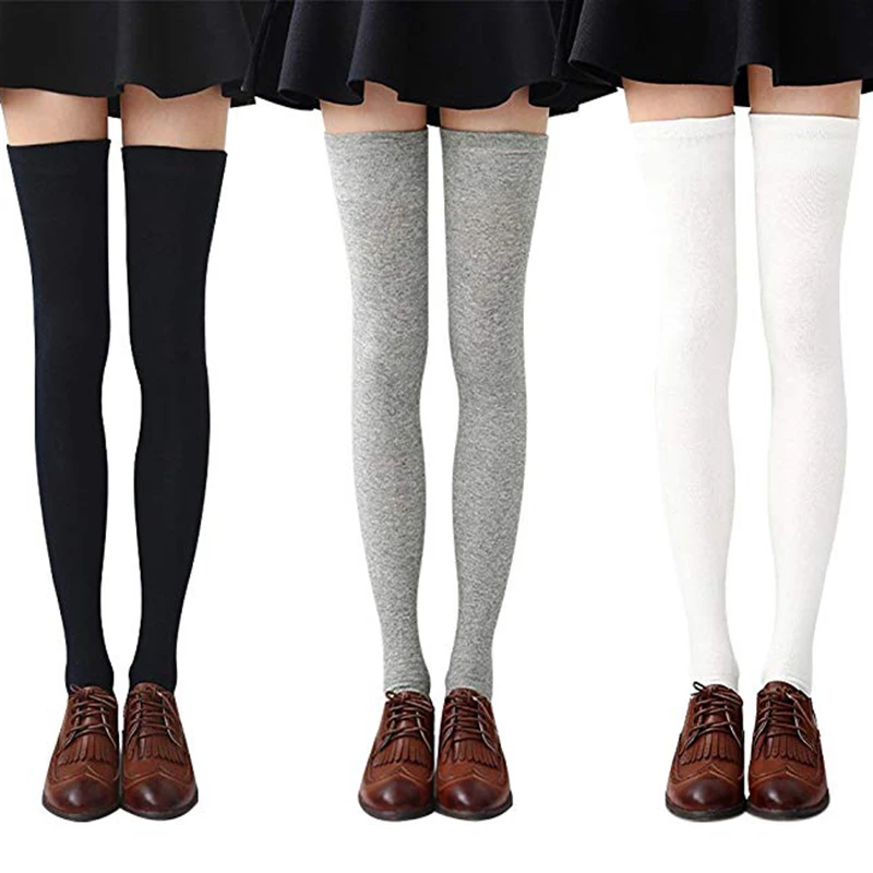 

1 Set 3 Pairs Womens Long Socks Solid Color Thigh High Socks Cotton Over The Knee Socks Boot Stockings Leg Warmers