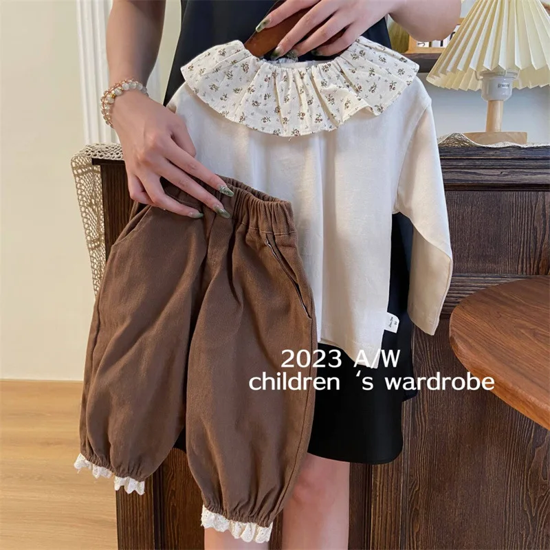 

2024 Spring Autumn Kids Girls 2PCS Clothes Set Cotton Floral Collar Tops Lace Hem Loose Pants Suit Toddler Baby Girls Outfits