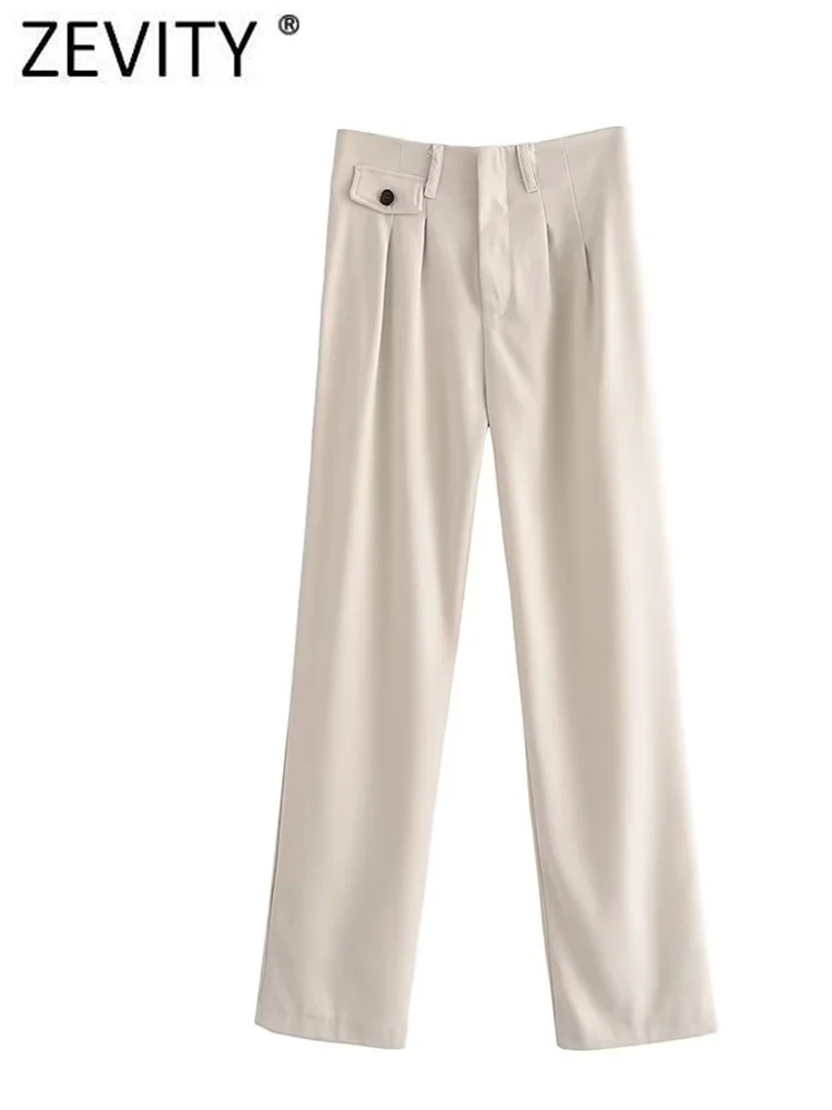 

Zevity Women Fashion Pleats Design Pocket Casual Slim Straight Pants Office Lady Zipper Fly Buttons Long Trousers Mujer P2838