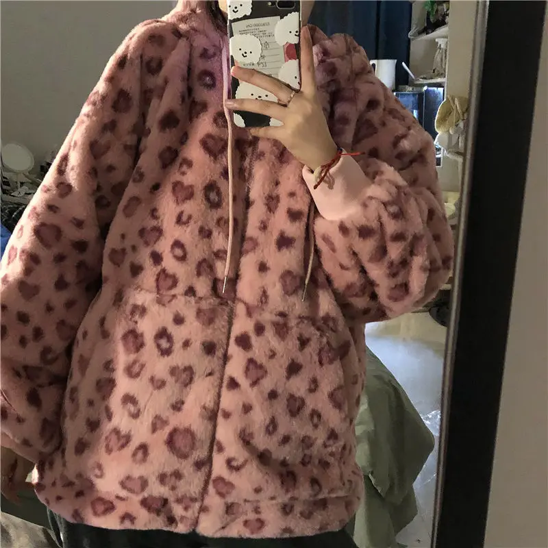 Women's Pink Leopard Print Stand-up Collar Sweater Faux Plush Hooded Cardigan Zipper Coat Animal Print Top Female Student New