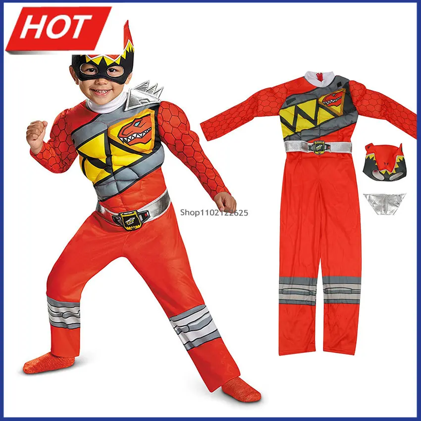 

Dinosaur Team Red Power Dino Charge Ranger Superhero Muscle Jumpsuits Suits Cosplay Halloween Costume for Kids Child Headgear
