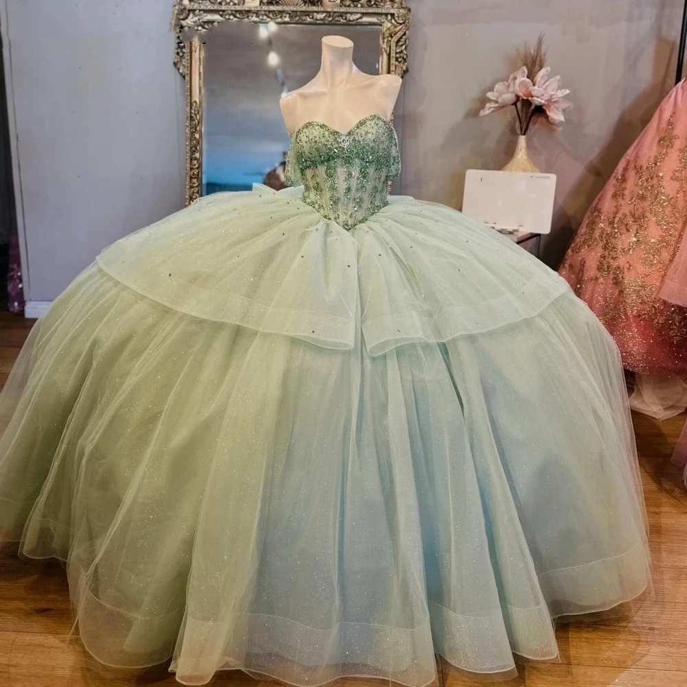 Мексиканское зеленое платье для Quinceanera бальное Кружевная аппликация Женский