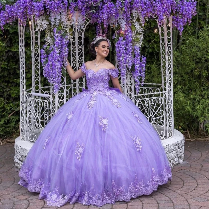 

ANGELSBRIDEP Lavender Ball Gown Quinceanera Dresses with Big Bow Beading 3D Flower Lace Cinderella Princess Vestidos De 15 Anos