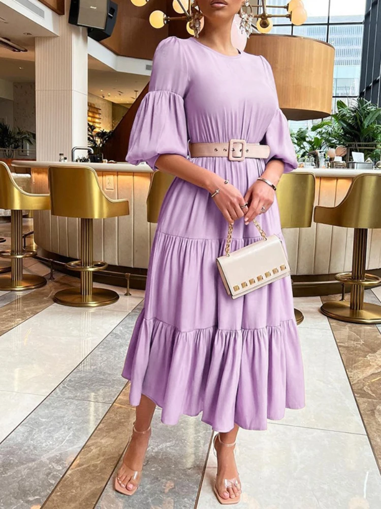 

Summer Women Flowy Dress Puff Sleeve Belted Midi Dresses Vacation Boho Candy Color Vestido De Mujer 2022 Trendy New Clothes