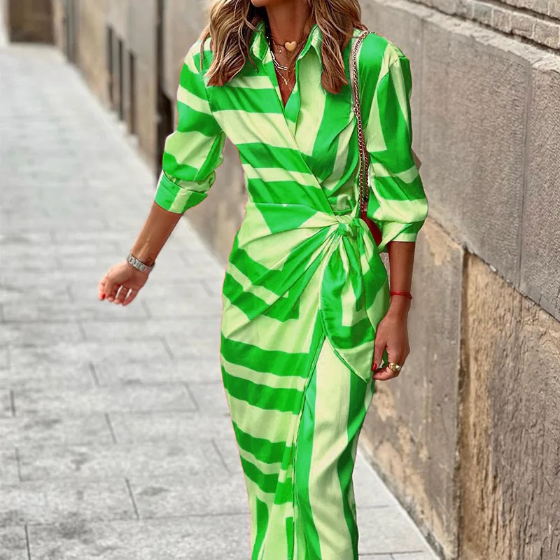 

Vintage Autumn Print Drawstring Long Dress Women Fashion V Neck Half Sleeve Dresses Ladies Elegant New Pattern Loose Party Dress
