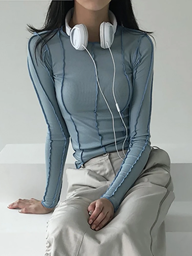 

Футболка Taruxy Женская в рубчик, пикантная приталенная рубашка с длинным рукавом, шикарная уличная одежда в стиле K-POP, дизайнерская одежда, од...