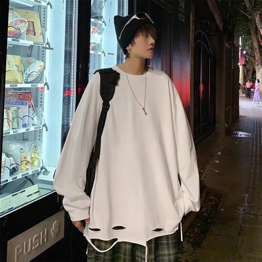 

Hollow Out Long Sleeved T-shirt For Men's Oversized Loose Korean Style Autumn Male Clothing Hip-hop High Street Casual Tops