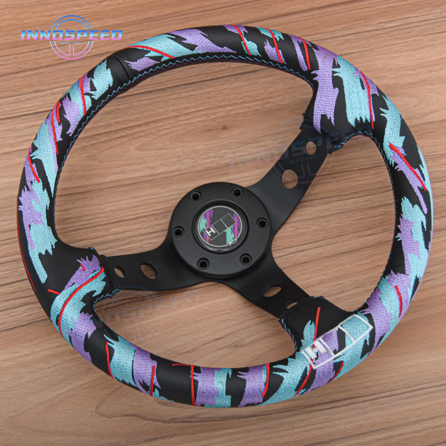 Фото Новый 13-дюймовый 320-миллиметровый игровой руль JDM Sim Racing, универсальный кожаный руль с камуфляжной вышивкой и глубоким блюдом №5