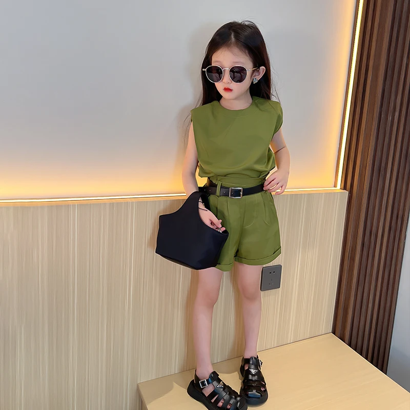 

Summer Girls 2 Pcs Set Toddler Vest + Shorts Kids Suit Baby Outfit Children Clothes Fashion Sleeveless Olive Waist Belt 4-13Y