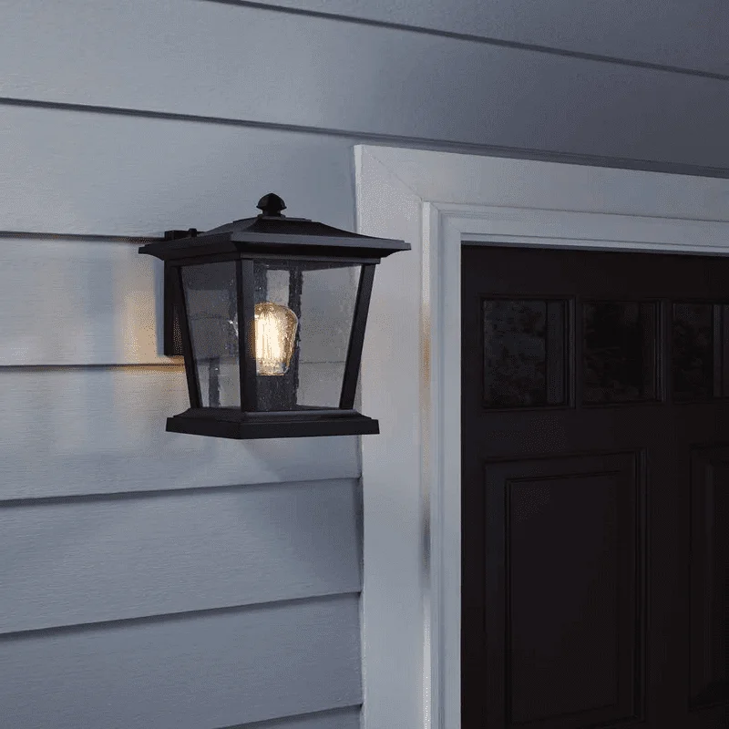 

Homes and Gardens Seeded Glass Outdoor Wall Mount Lantern Light, Matte Black