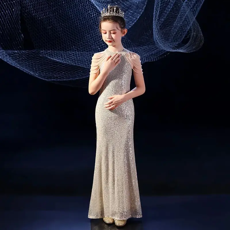 

Summer New Teens Girls Costume Lace Princess Party Sequin Wedding Long Dress Children Clothing Elegant Formal Trumpet Dress L57