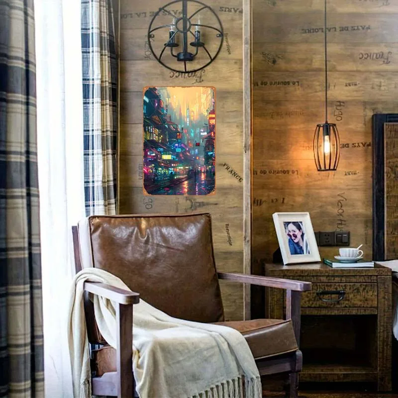 Киберпанк яркий город неоновая вывеска Ретро винтажная жесть настенное