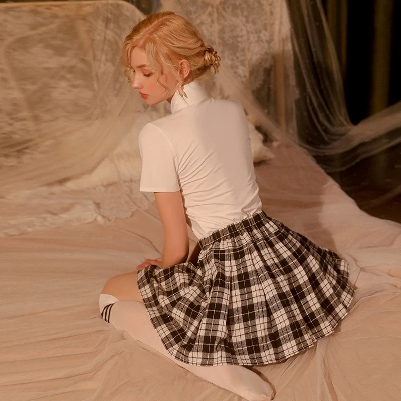 Sexy Mousse Ladies Summer Lingerie Classic College Style Checkered Spicy Girl Short Skirt Seductive Women's Uniform Set