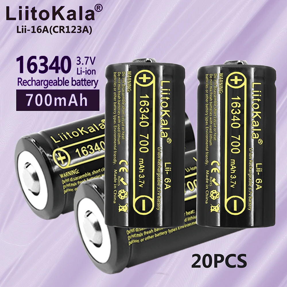

20PCS LiitoKala Lii-16A Li-ion 16340 Battery CR123A Rechargeable Batteries 3.7V CR123 for Laser Pen LED Flashlight Cell